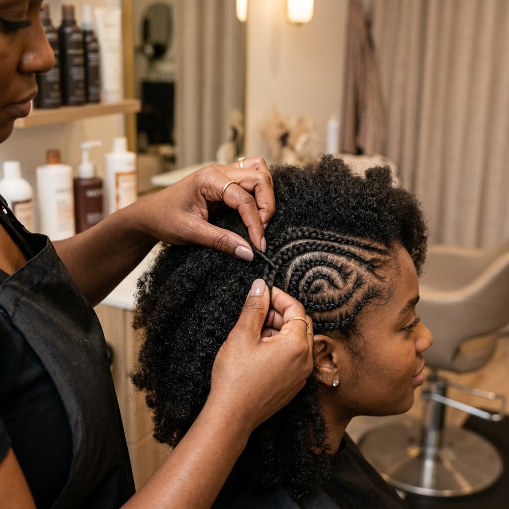 Nahaufnahme von Meister-Händen bei der präzisen Afro-Haar-Flechtkunst