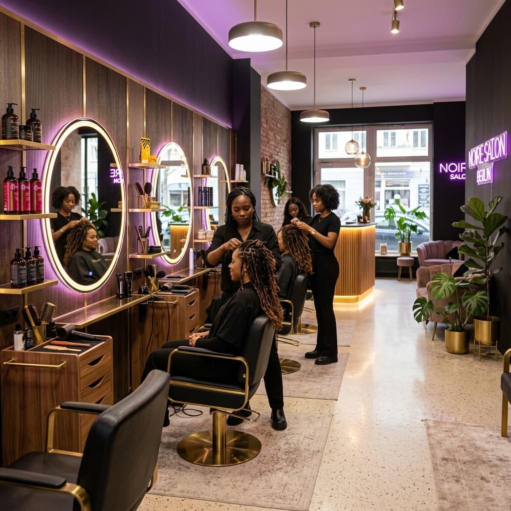 Moderner Luxus-Afro-Haarsalon bei Joycee Afro Hair in Gelsenkirchen mit goldenen und violetten Akzenten